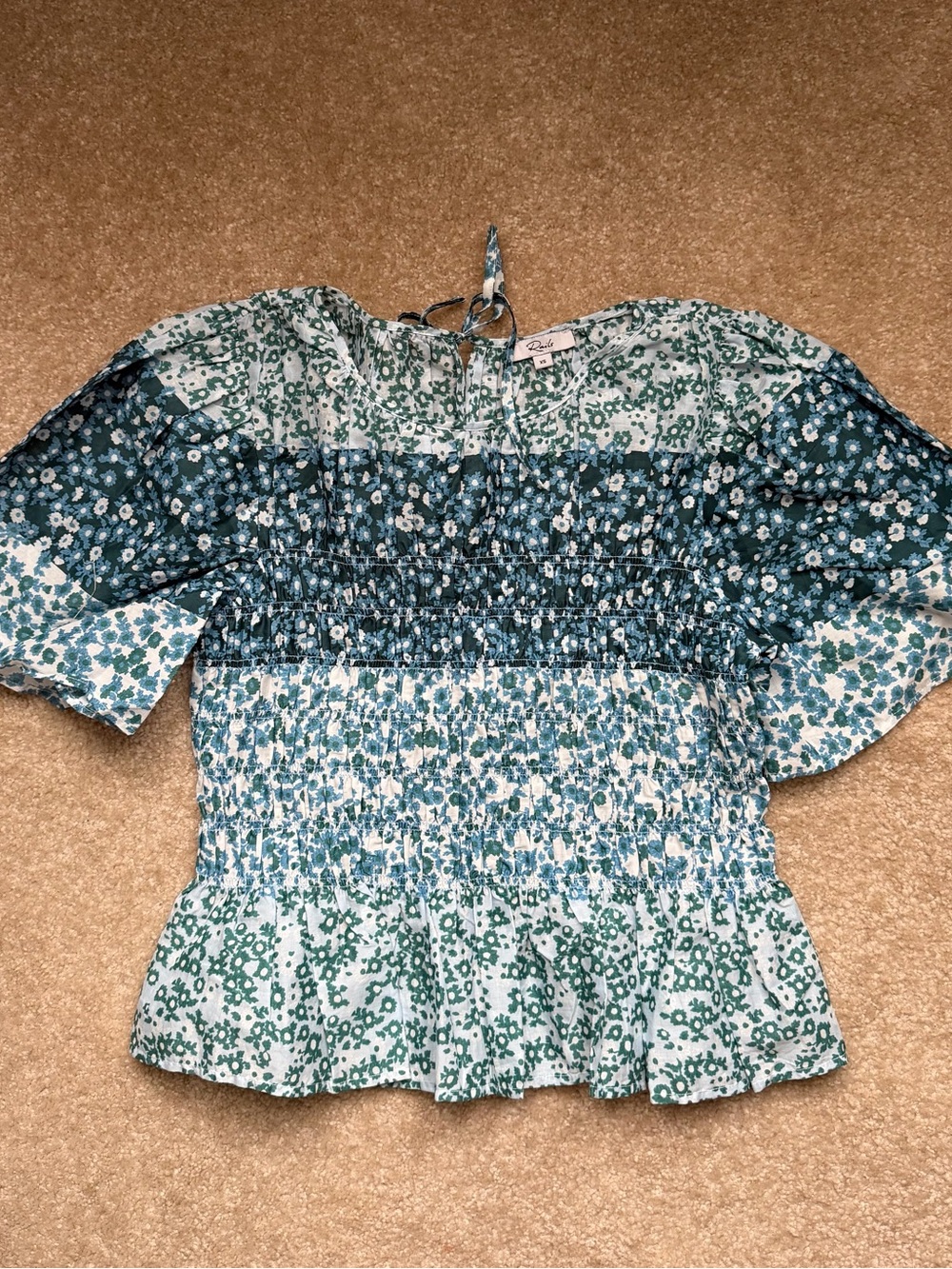 Rails Teal & White Floral Smocked Blouse